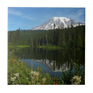 Mount Rainier Lake Reflection with Wildflowers Tile