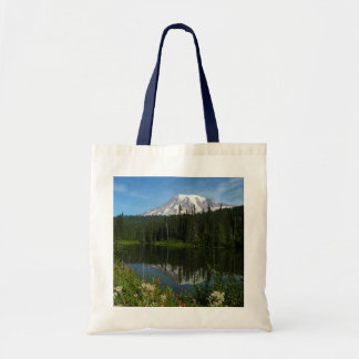 Mount Rainier Lake Reflection with Wildflowers Tote Bag