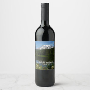 Mount Rainier Lake Reflection with Wildflowers Wine Label