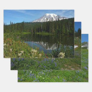 Mount Rainier Lake Reflection with Wildflowers Wrapping Paper Sheet