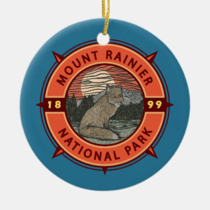 Mount Rainier National Park Red Fox Retro Compass Ceramic Tree Decoration