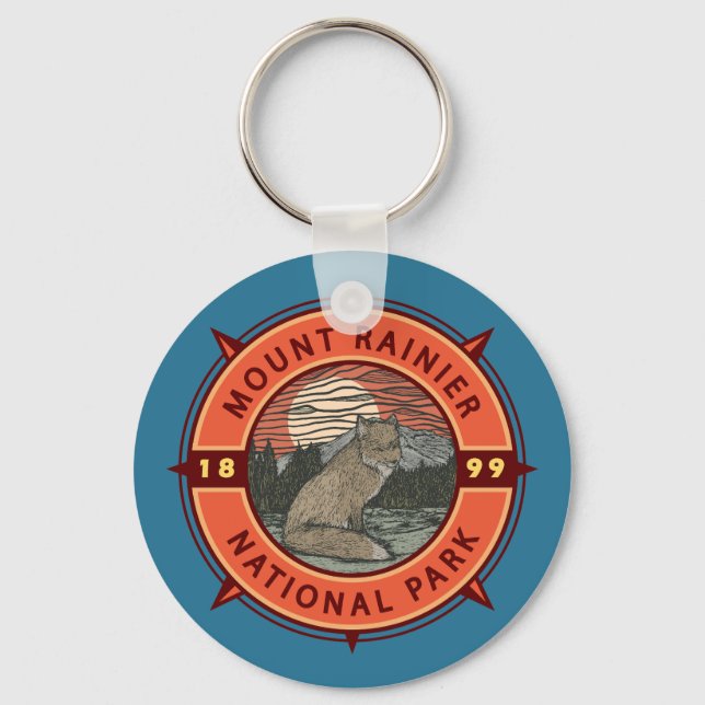 Mount Rainier National Park Red Fox Retro Compass Key Ring (Front)