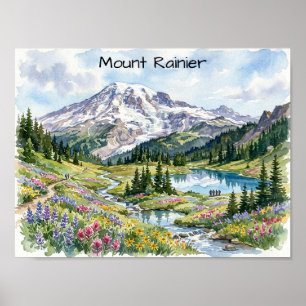 Mount Rainier National Park Watercolor Art Poster
