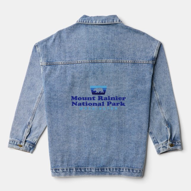 Mount Rainier National Retro Badge Bear Blue  Denim Jacket (Back)