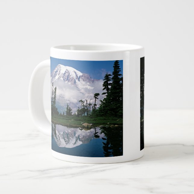 Mount Rainier relected in a mountain tarn Large Coffee Mug (Front Left)