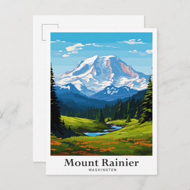 Mount Rainier Washington Travel Illustration Postcard (Front/Back)