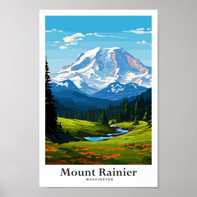 Mount Rainier Washington Travel Illustration Poster (Front)
