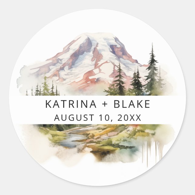 Mount Rainier Washington Watercolor Wedding Classic Round Sticker (Front)