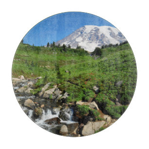 Mount Rainier, waterfall, snow-covered Cutting Board