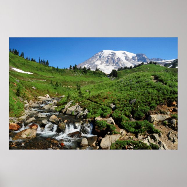 Mount Rainier, waterfall, snow-covered Poster (Front)