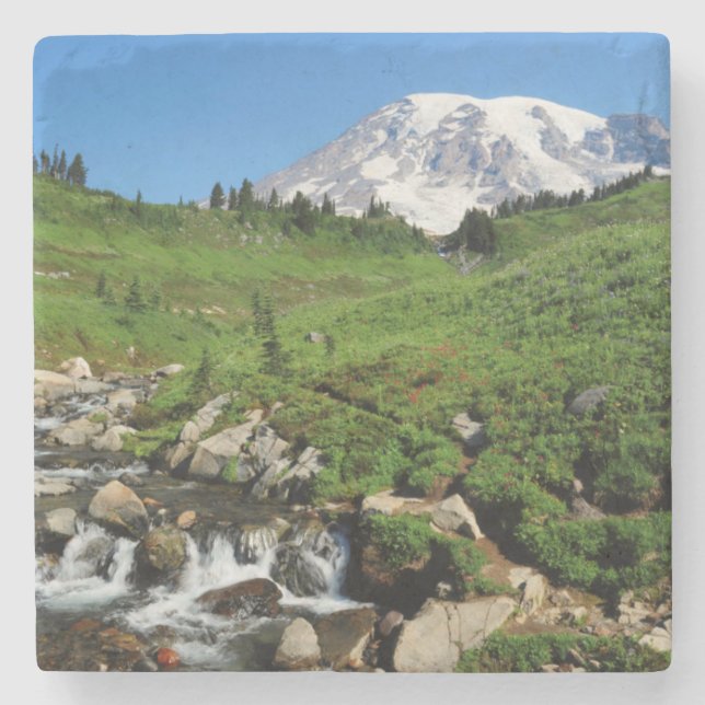 Mount Rainier, waterfall, snow-covered Stone Coaster (Front)