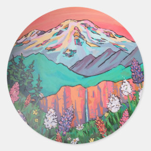 Mount Rainier Wildflower Waterfall Painting Classic Round Sticker