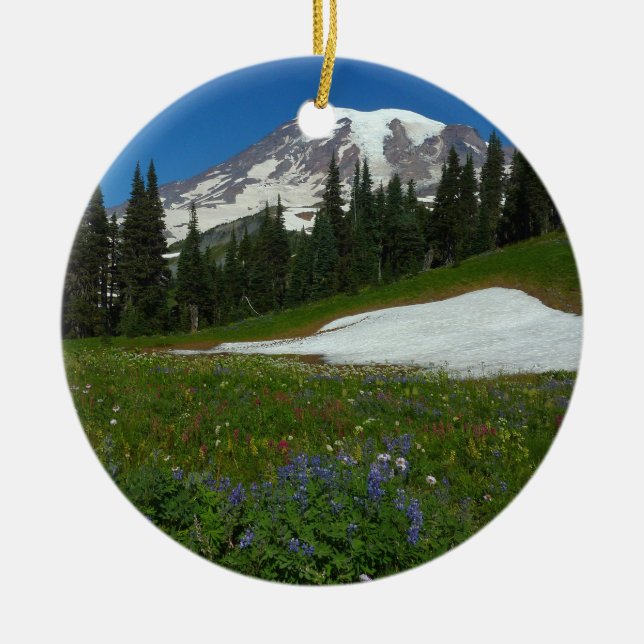 Mount Rainier, Wildflowers and Snow Ceramic Tree Decoration (Front)