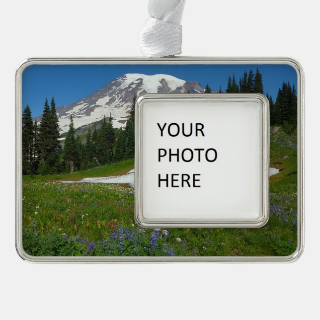 Mount Rainier, Wildflowers and Snow Silver Plated Framed Ornament (Front)