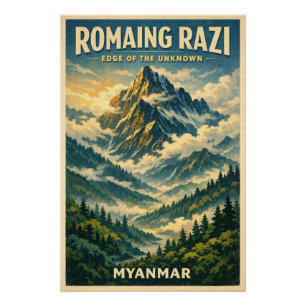 Mount Romaing Razi, Myanmar retro travel Poster