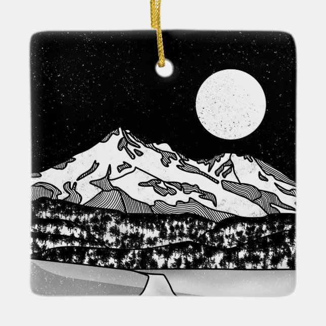 Mount Shasta Black and White Ceramic Tree Decoration (Front)