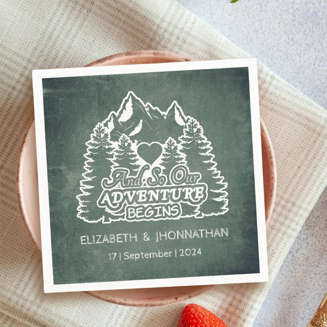 Mountain Adventure Begins Green Chalkboard Wedding Napkin (Creator Uploaded)