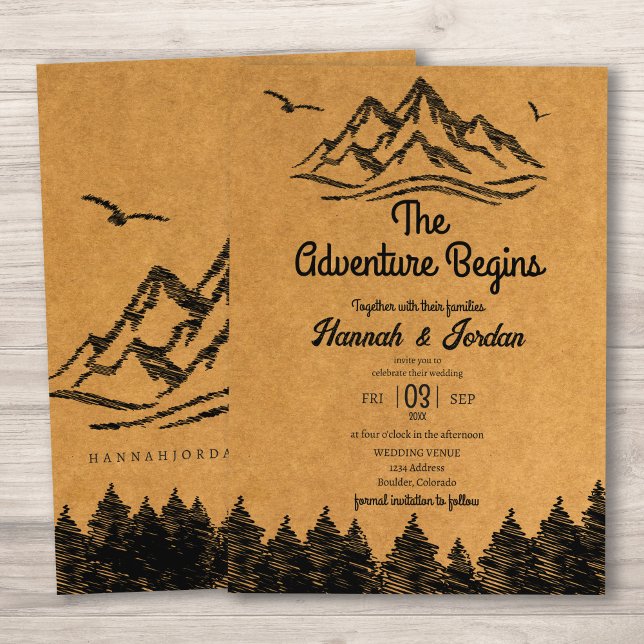 Mountain Adventure Begins Rustic Woodsy Wedding Invitation (Creator Uploaded)