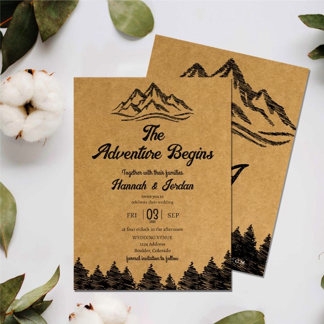 Mountain Adventure Begins Rustic Woodsy Wedding Invitation (Creator Uploaded)