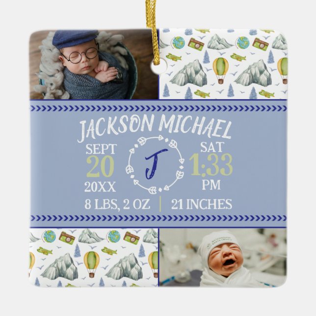 Mountain Adventure Birth Stats Christmas Ornament (Front)