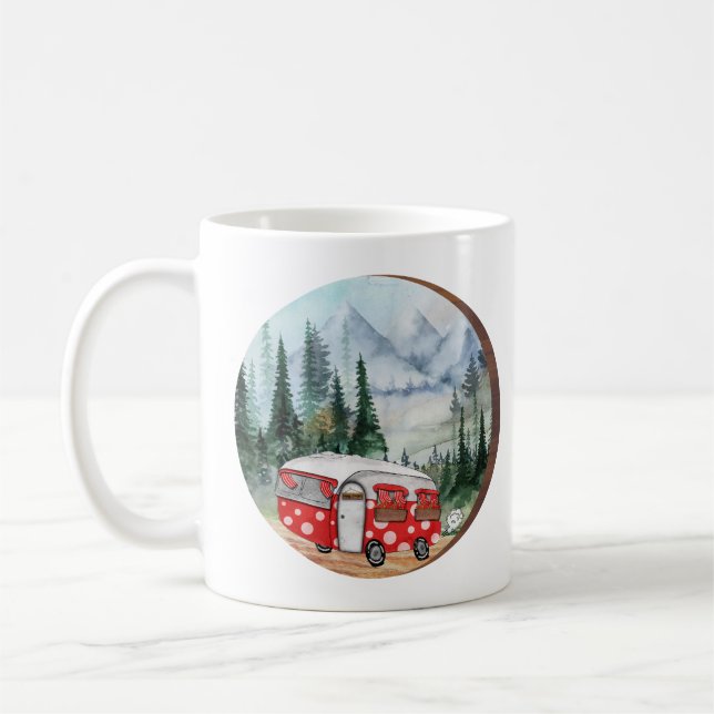 Mountain Adventure Camper Illustration Coffee Mug (Left)
