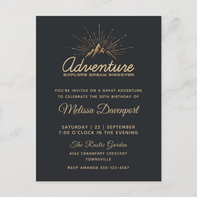 Mountain Adventure Rustic Birthday Party Invite Postcard (Front)