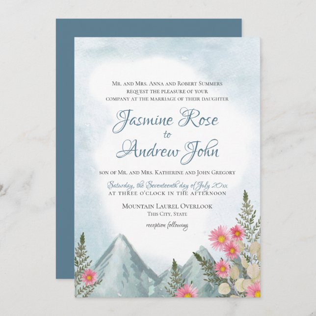 Mountain Asters Blue Wedding Invitation (Front/Back)