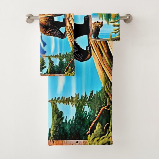 Mountain Bear: Lake Reflection Art Bath Towel Set (Insitu)