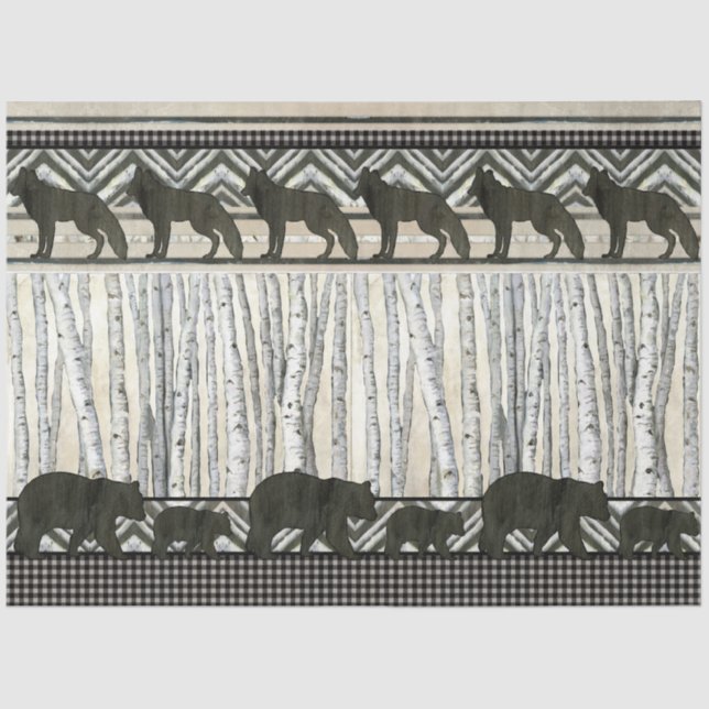 Mountain Bear Wolf Birch Tree Checked Decoupage Tissue Paper (Front)