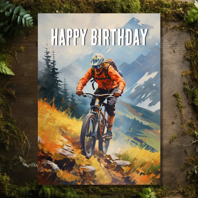 Mountain Bike Watercolor Happy Birthday Card (Front - Mountain Bike Abstract Watercolor Happy Birthday Card)
