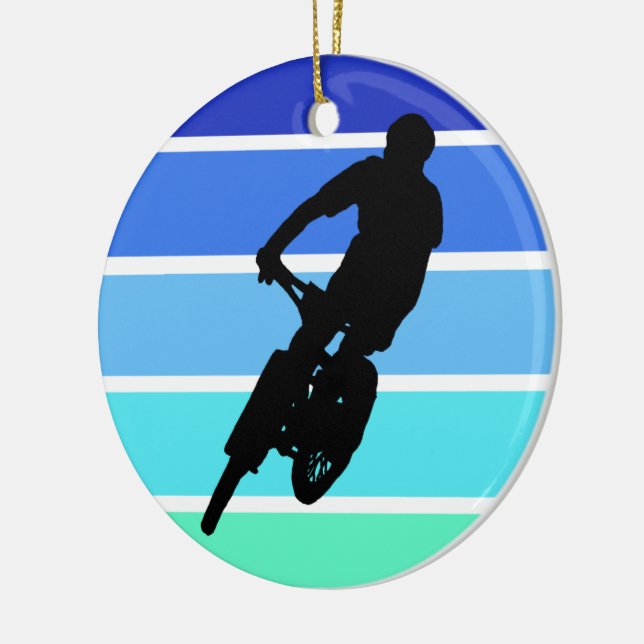 Mountain Biker on Retro Blue-Green Stripes Ceramic Tree Decoration (Left)