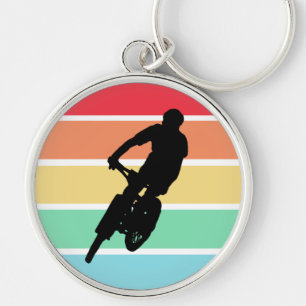 Mountain Biking on Retro Rainbow Stripes keychain