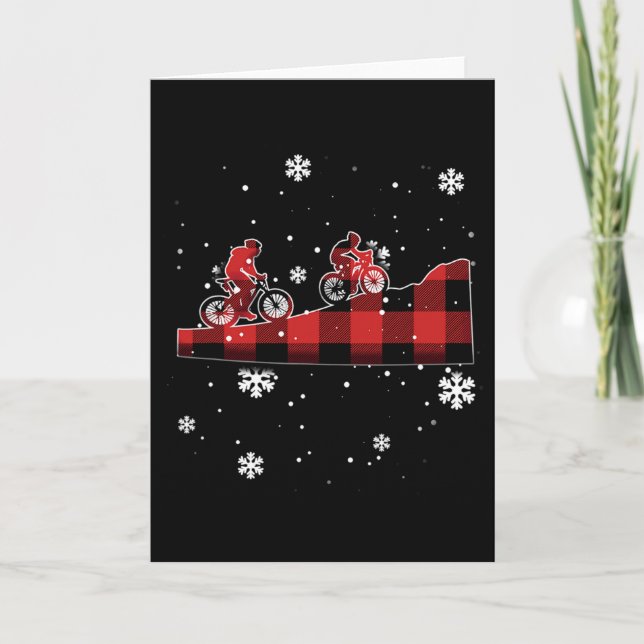 Mountain Biking Plaid Christmas  Card (Front)