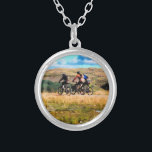 MOUNTAIN BIKING SILVER PLATED NECKLACE<br><div class="desc">A watercolor a of three men mountain biking in the Welsh hills.</div>