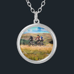 MOUNTAIN BIKING SILVER PLATED NECKLACE<br><div class="desc">A watercolor a of three men mountain biking in the Welsh hills.</div>