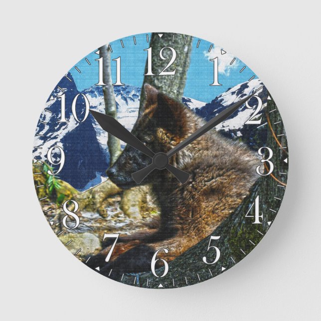 Mountain Black Wolf Resting by Trees Wildlife Art Round Clock (Front)