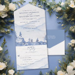 Mountain Blue Woodland Watercolor Wedding Meal All In One Invitation<br><div class="desc">These budget-friendly Blue Mountain Watercolor Wedding invitations are designed with an easy-to-tear-off perforated RSVP postcard. Just simply fold each card into the outlined shape, and then seal and send - no envelope is needed for shipping. Get ready to celebrate love in the most beautiful way possible! Presenting our Blue Mountain...</div>
