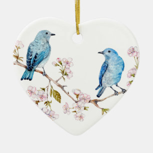 Mountain Bluebirds on Sakura Branch Ceramic Tree Decoration