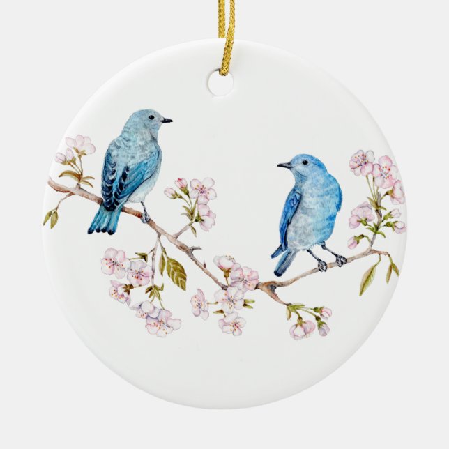 Mountain Bluebirds on Sakura Branch Ceramic Tree Decoration (Front)