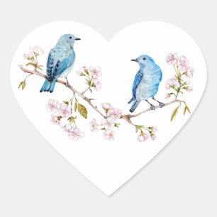 Mountain Bluebirds on Sakura Branch Heart Sticker