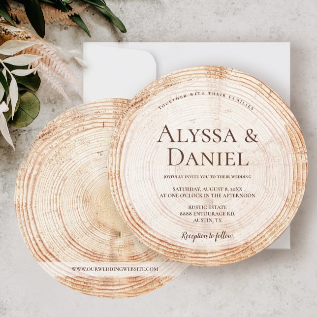 Mountain Boho Forest Wood Rustic Wedding Invitation (Round circle rustic wood wedding invitation. Mountain forest wedding nature inspired.)
