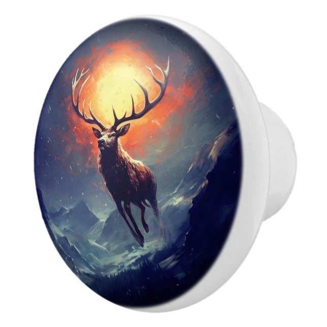 Mountain Buck Running From Blazing Fire   Ceramic Knob (Right)