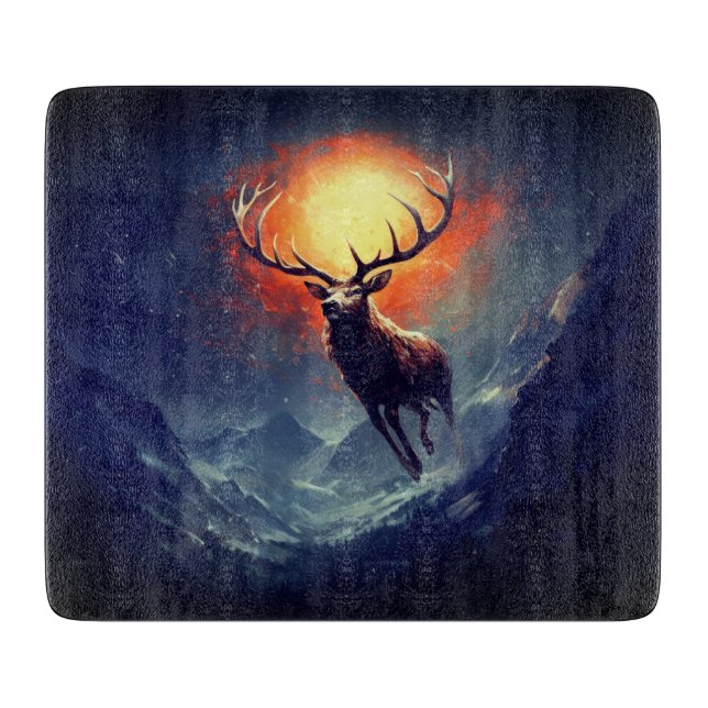 Mountain Buck Running From Blazing Fire Glass Cutting Board (Front)