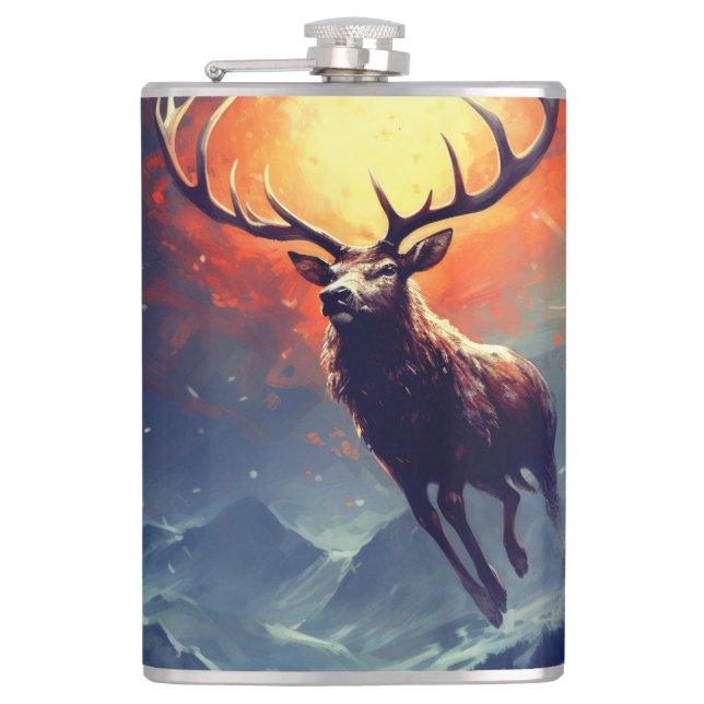 Mountain Buck Running From Blazing Fire   Hip Flask (Front)