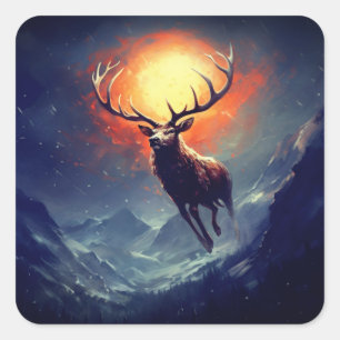 Mountain Buck Running From Blazing Fire Square Sticker