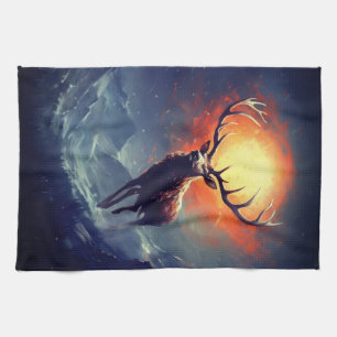 Mountain Buck Running From Blazing Fire   Tea Towel