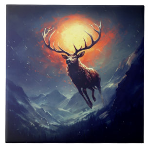 Mountain Buck Running From Blazing Fire   Tile