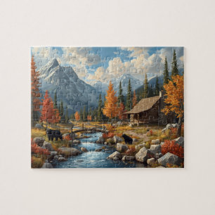 Mountain Cabin Bears Autumn Creek Scene Jigsaw Puzzle