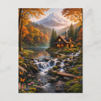 Mountain Cabin in Autumn Glow Serene Nature  Postcard