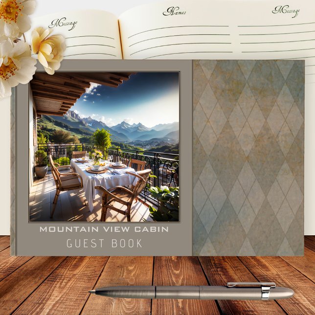 Mountain Cabin Rental Photo Guest Book (Guest book featuring your photo framed by a retro argyle design. Great for a mountain cabin rental)